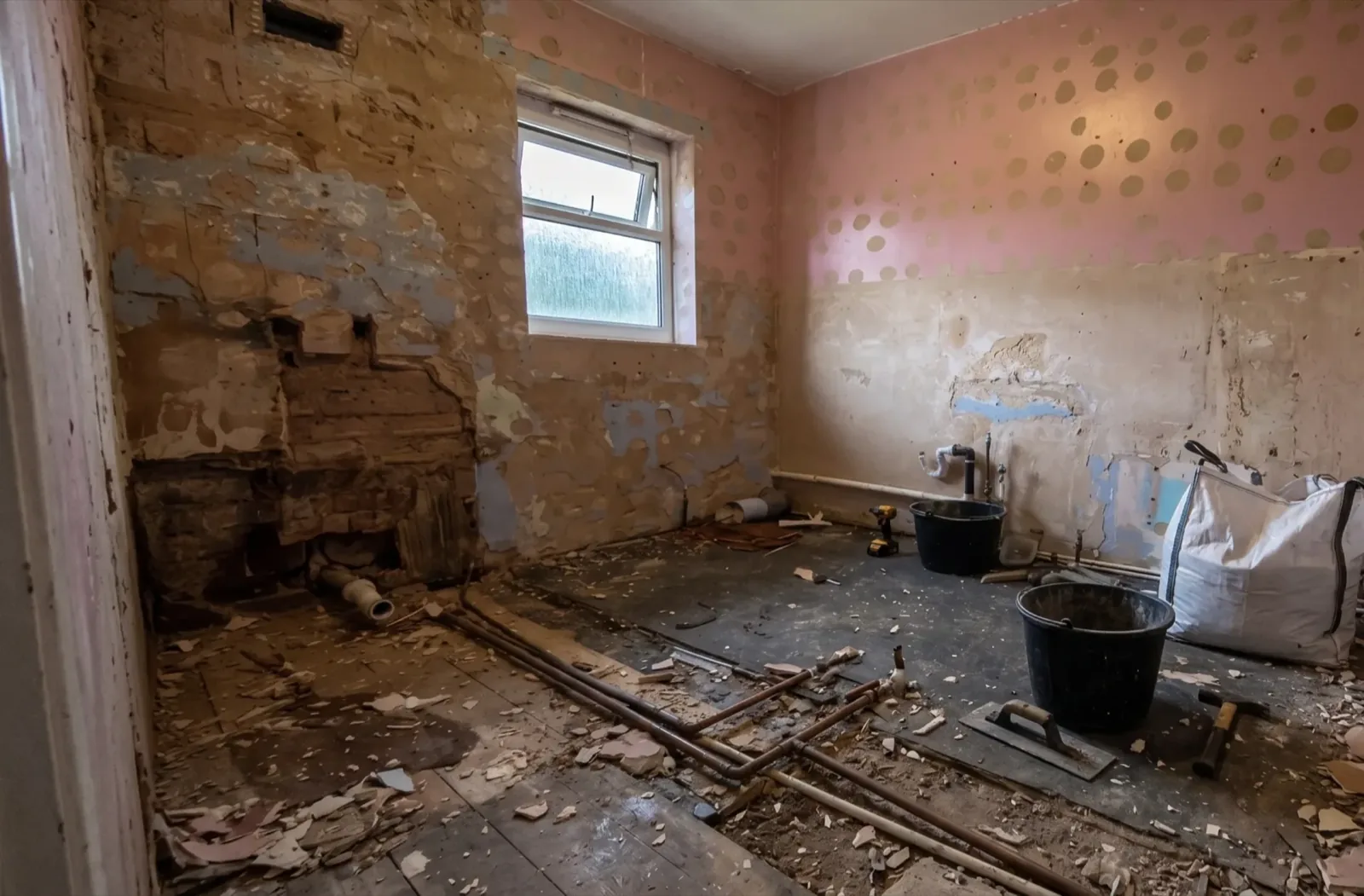 Salle de bain avant travaux, réseaux à reprendre dans l'ancien à Amiens Salle de bain avant travaux, réseaux à reprendre dans l'ancien à Amiens